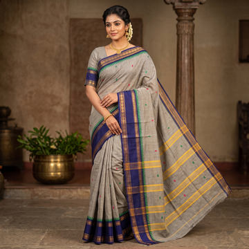 Grey Kanchi Cotton Saree with Royal Blue Zari Border