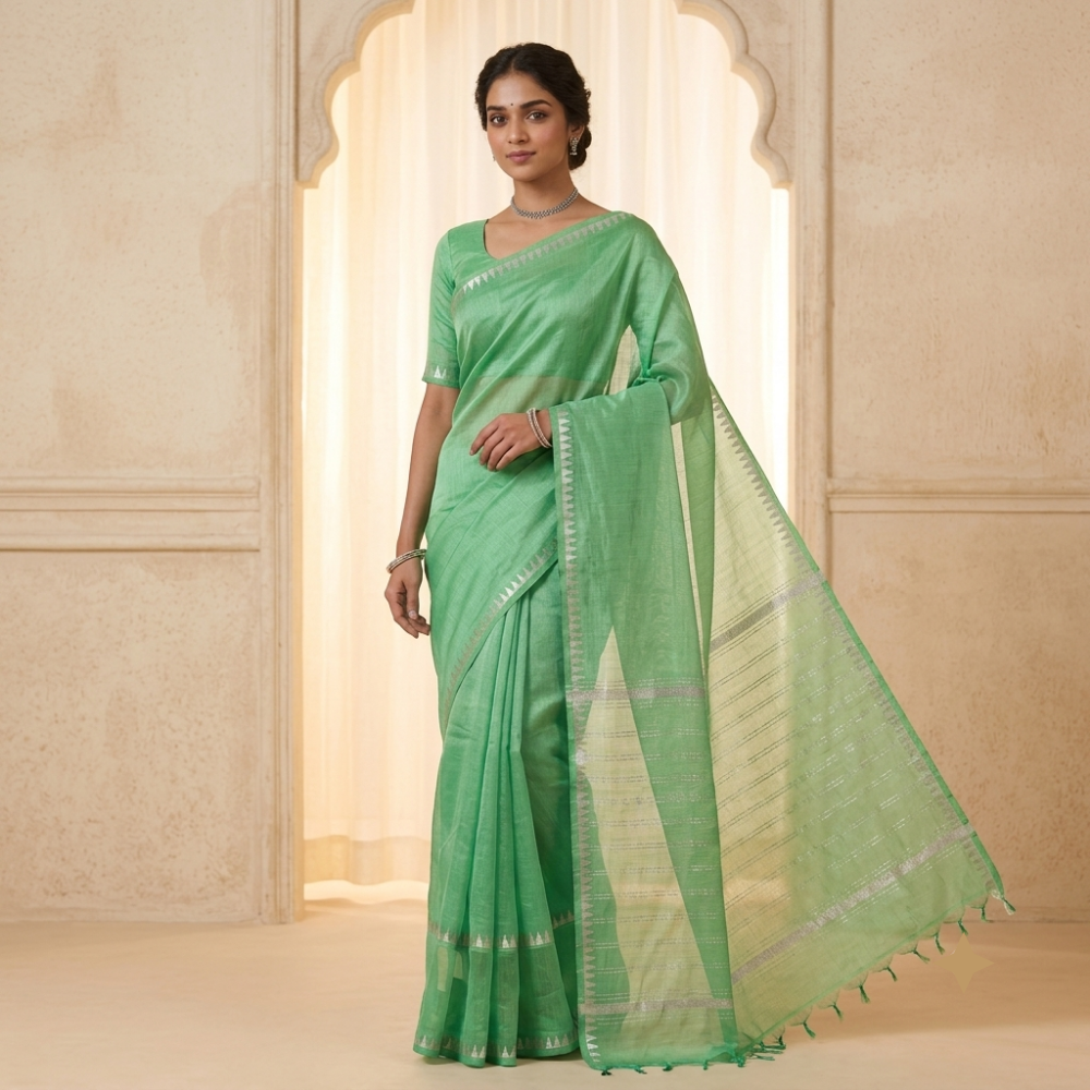 Refreshing Mint Green Handloom Mangalagiri Silk Cotton Saree with Silver Zari Gap Border