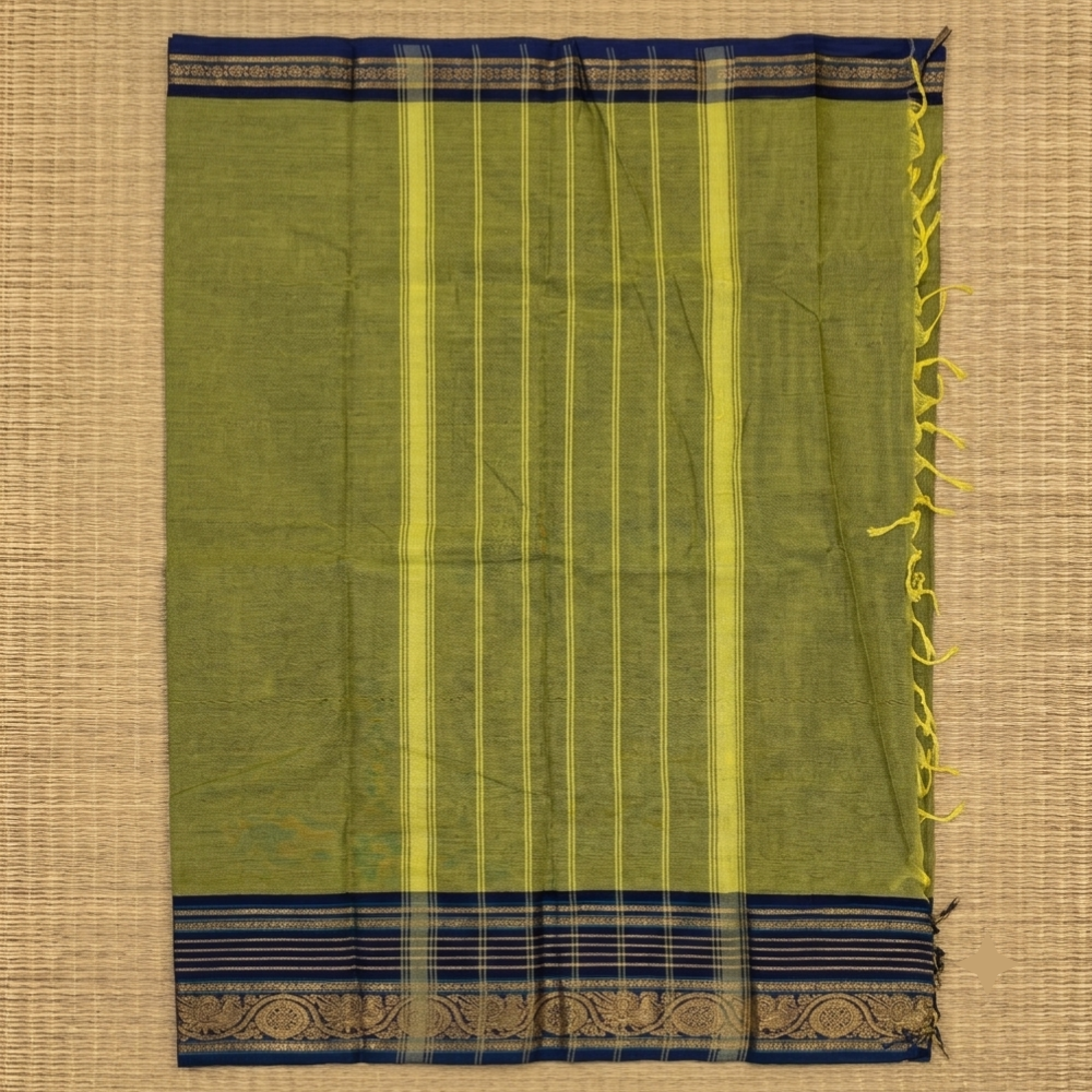 Olive Green & Indigo Zari Border Handloom Kanchi Cotton Saree