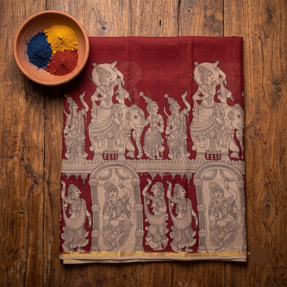 Red Kota Cotton Kalamkari Print Saree