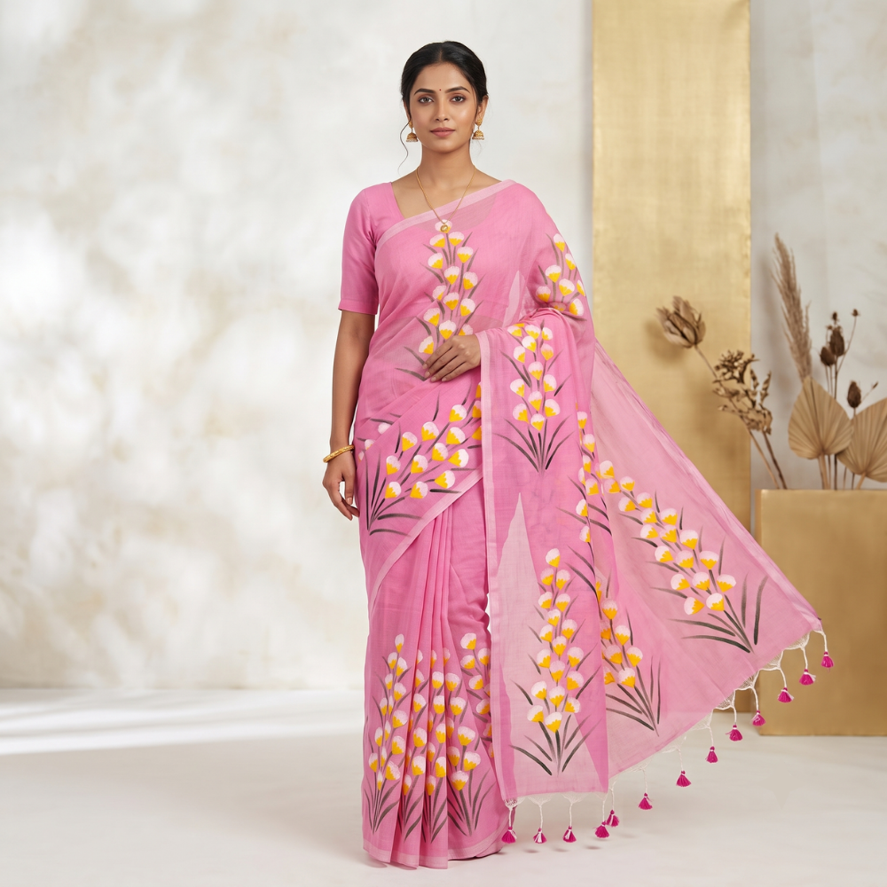 Blush Pink Handloom Hand-Painted Floral Mul Cotton Saree