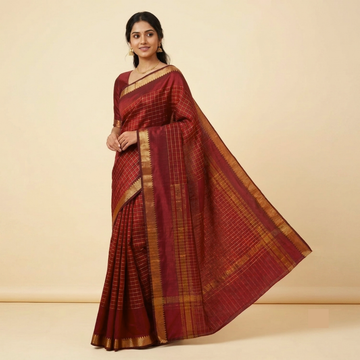 Red Colour Mangalgiri Silk Cotton Checked Sarees