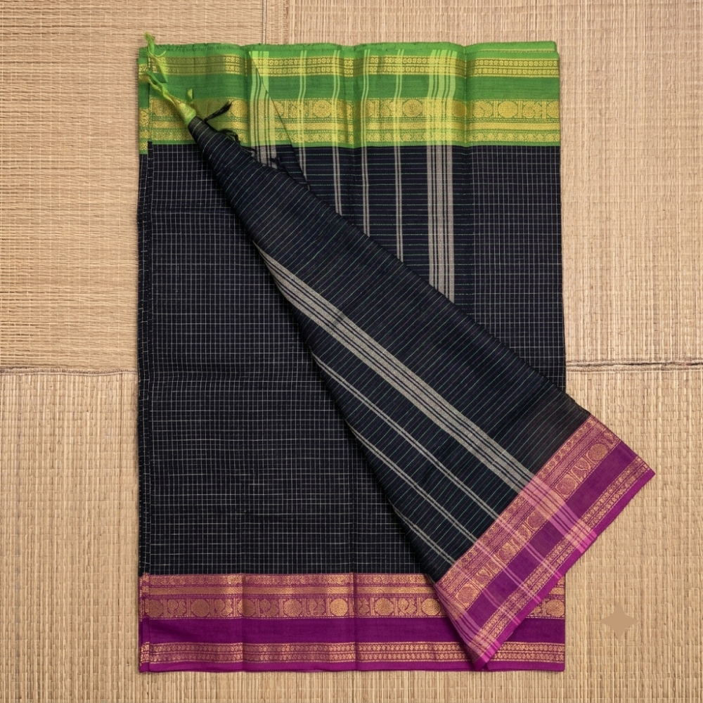 Black Handloom Ganga Jamuna Border Kanchi Cotton Checked Saree
