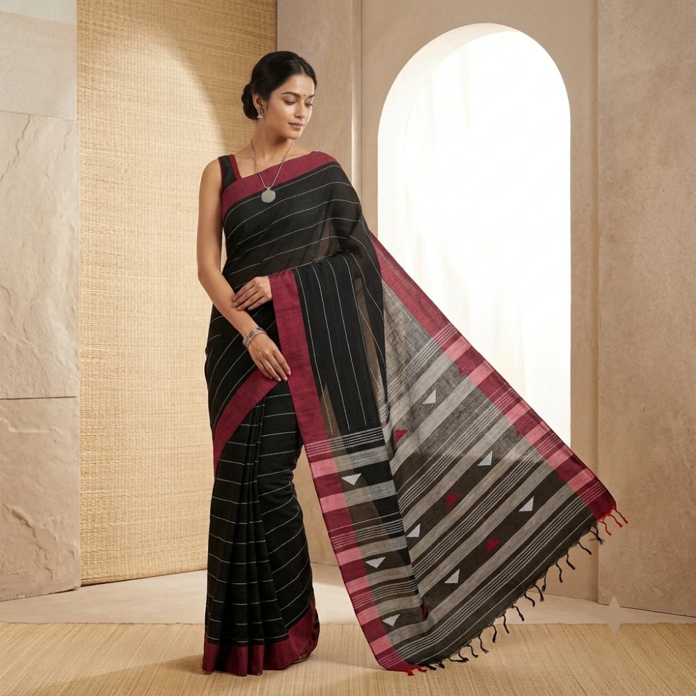 Elegant Black & Maroon Handloom Handwoven Bengal Cotton Saree