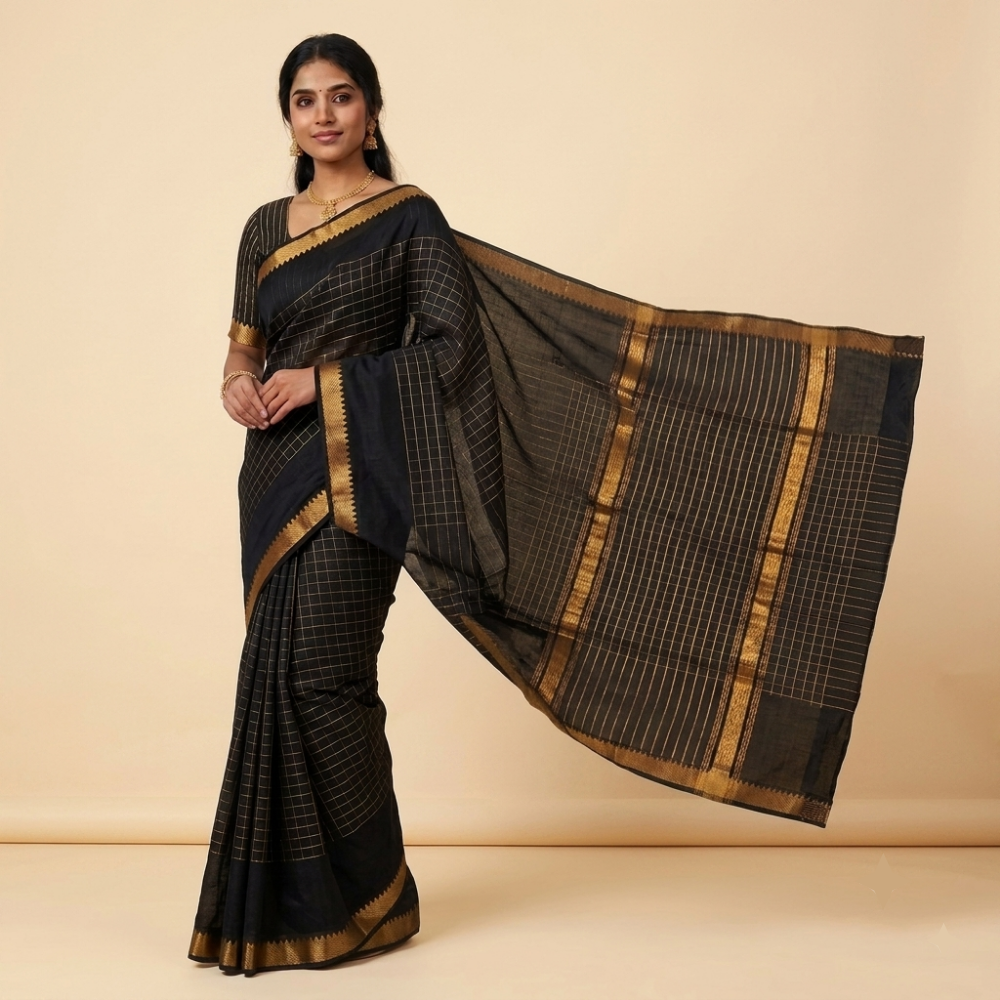 Black Colour Mangalgiri Silk Cotton Checked Sarees