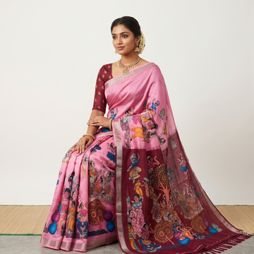 Baby Pink & Wine color Digital Print Mangalagiri Silk Cotton Saree