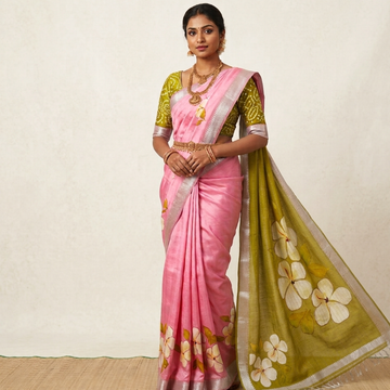 Pastel Pink & Olive Green Hand-Painted Style Floral Mangalagiri Silk Cotton Saree