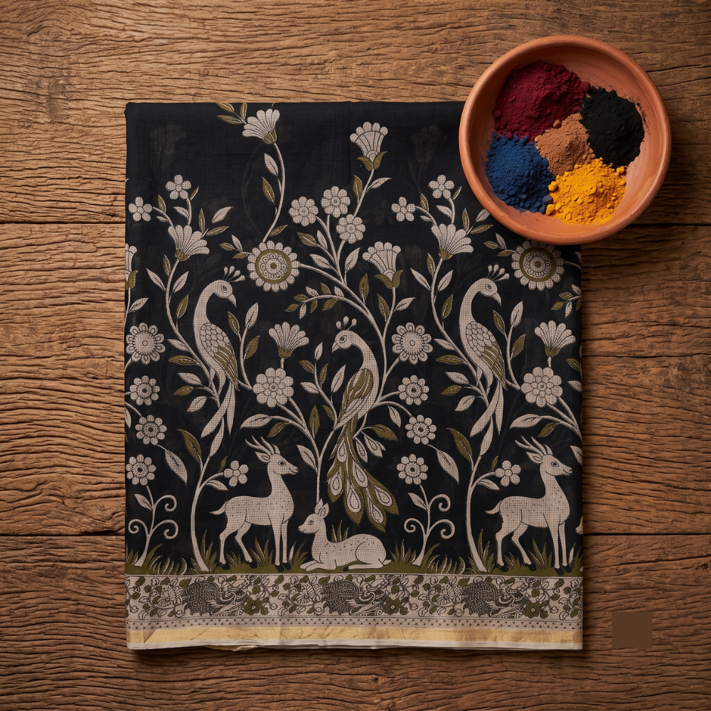 Black Kota Cotton Kalamkari Print Saree