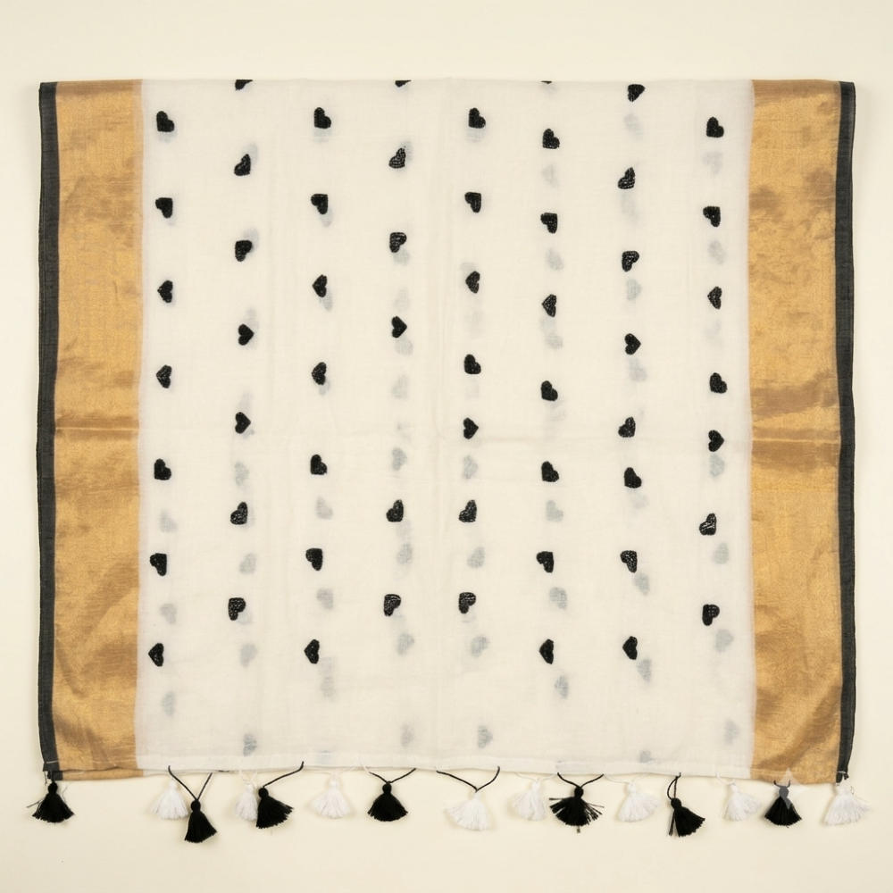 Ivory Off-White & Black Handloom Heart Motif Mul Cotton Saree