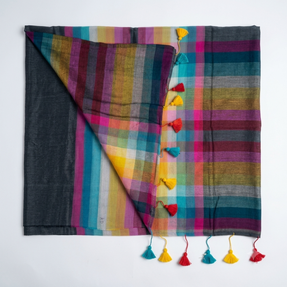 Multicolor Rainbow Stripe & Checkered Handloom Mul Cotton Saree