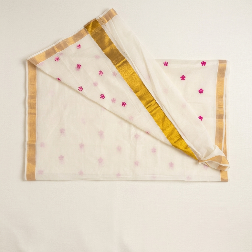 Off-White Handloom Pure Cotton Saree with Pink Floral Motifs and Golden Zari Border