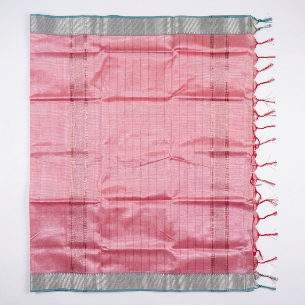 Graceful Soft Pink Handloom Mangalagiri Silk Cotton Saree with Silver Zari 100 Border & Teal Piping