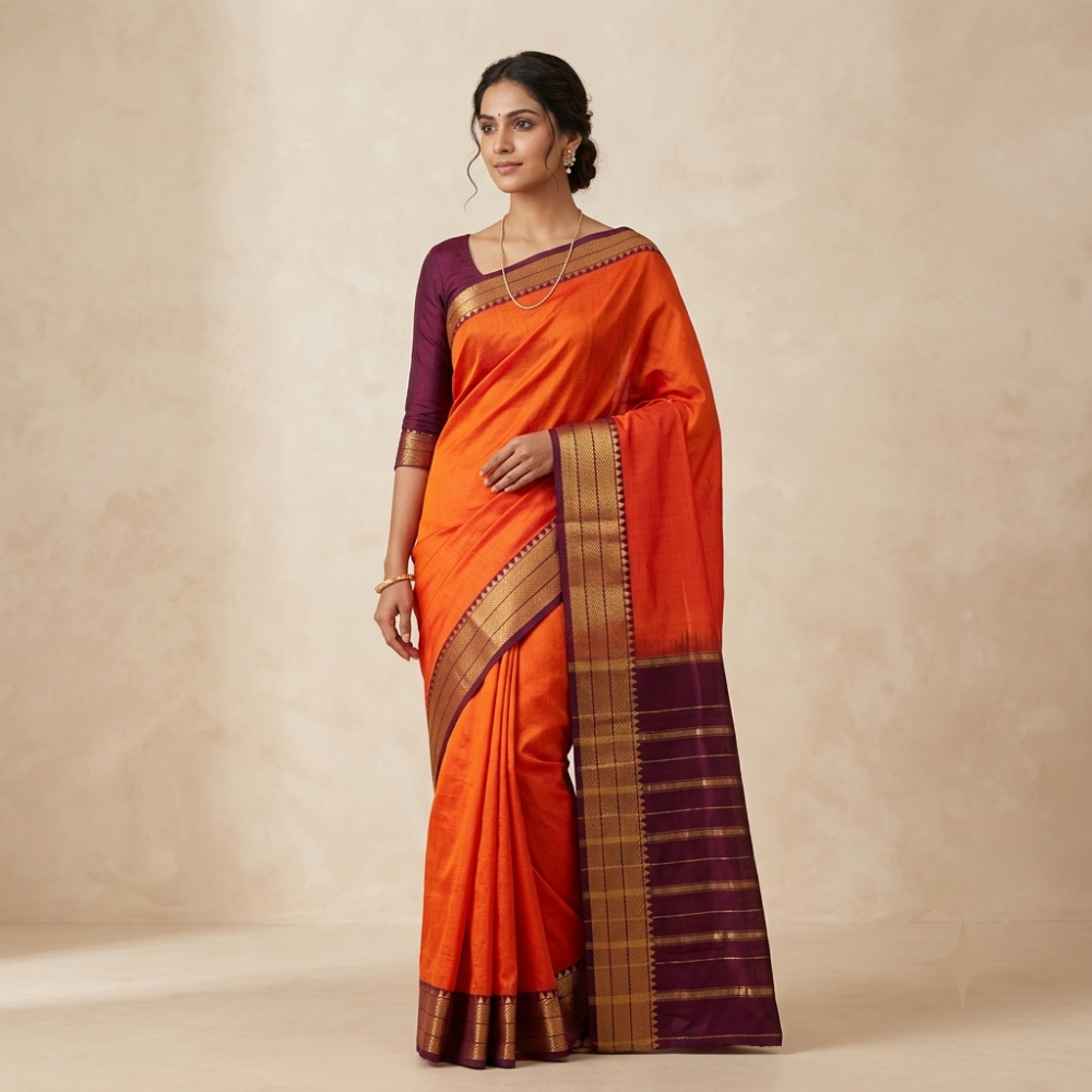 Vibrant Orange & Purple Handloom Mangalagiri Silk Cotton Saree with Golden Zari 50/150 Border  Description: