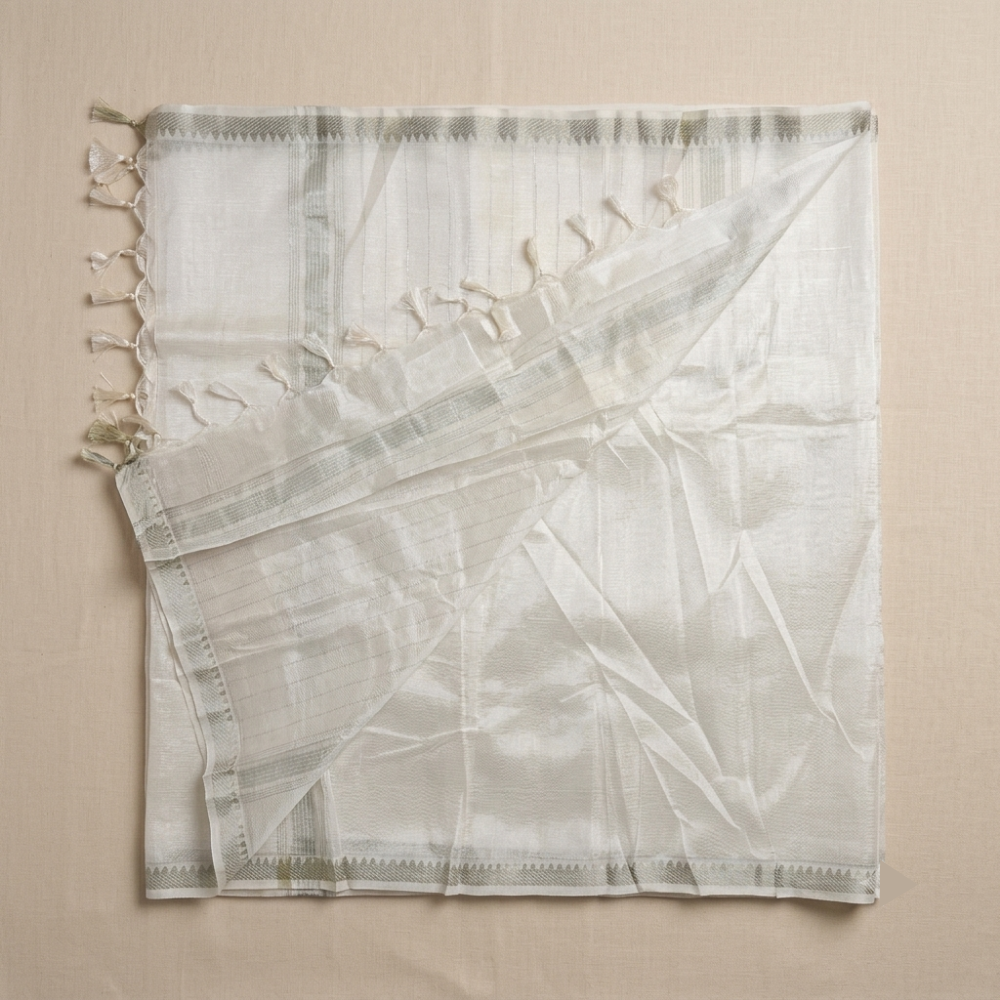 Pristine Off-White Handloom Mangalagiri Silk Cotton Saree with Silver Zari 50 Border