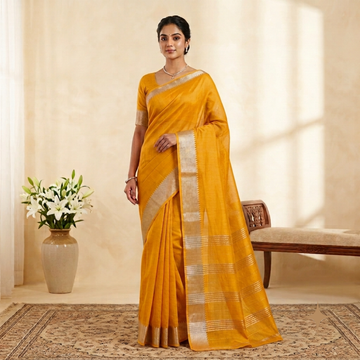 Radiant Mustard Yellow Handloom Mangalagiri Silk Cotton Saree with Silver Zari 50/150 Border