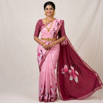 Blush Pink & Deep Wine Hand-Painted Style Lily Floral Mangalagiri Silk Cotton Saree