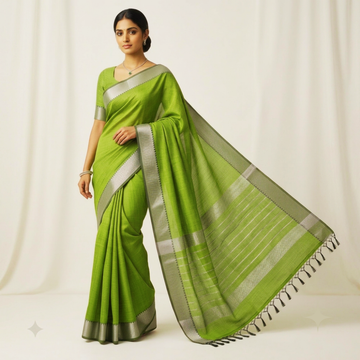 Vibrant Lime Green Handloom Mangalagiri Silk Cotton Saree with Silver Zari 100 Border