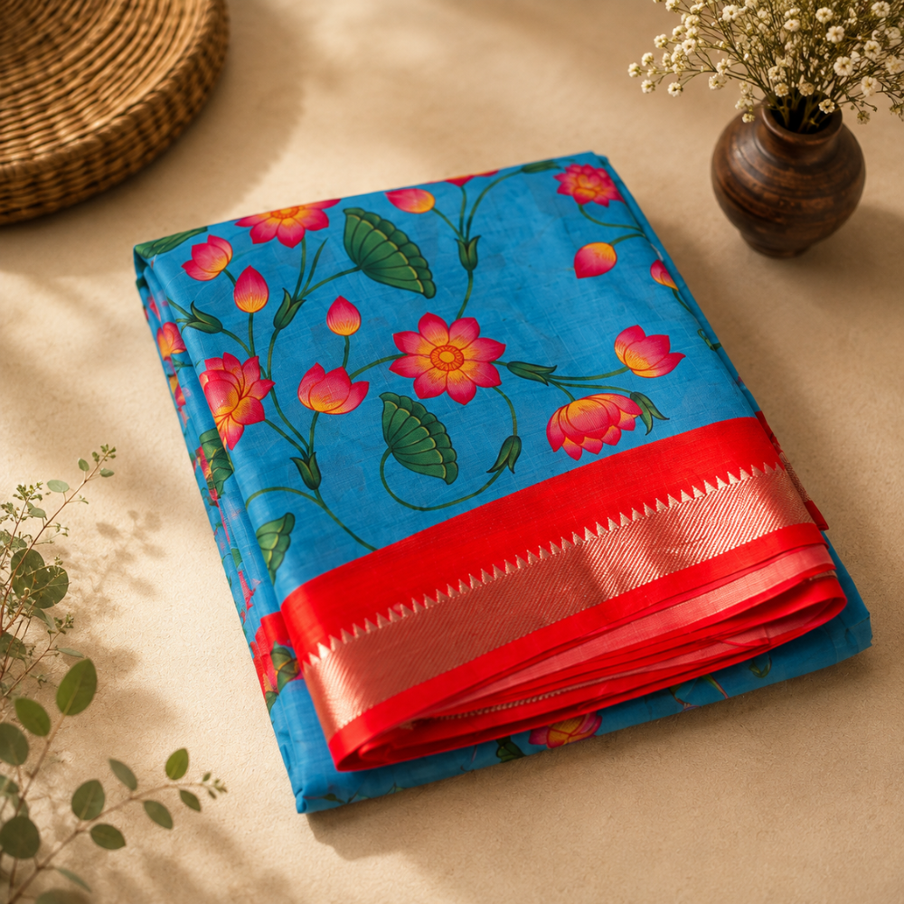Sky Blue & Coral Red Pichwai Cow & Lotus Digital Print Mangalagiri Silk Cotton Saree