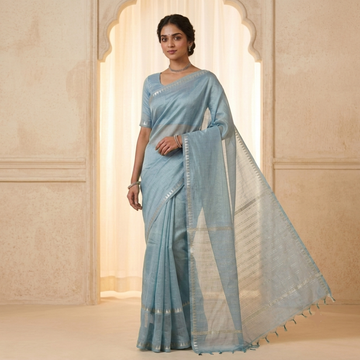 Serene Powder Blue Handloom Mangalagiri Silk Cotton Saree with Silver Zari Gap Border