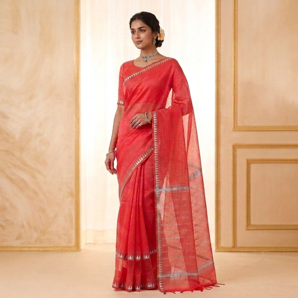 Vibrant Coral Red Handloom Mangalagiri Silk Cotton Saree with Silver Zari Gap Border