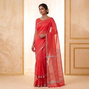 Vibrant Coral Red Handloom Mangalagiri Silk Cotton Saree with Silver Zari Gap Border