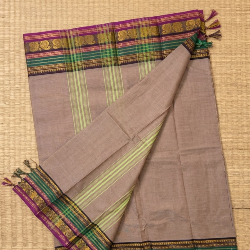 Taupe Brown & Emerald Green Handloom Temple Border Kanchi Cotton Saree