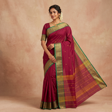 Classic Maroon Kanchi Cotton Saree with Antique Gold Zari Border