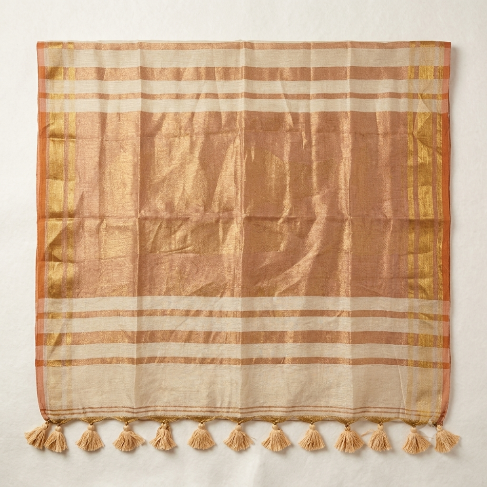 Beige Handloom Linen Cotton Saree with Metallic Zari Stripes and Copper Border