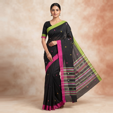 Charcoal Black Mul Cotton Saree with Contrast Parrot Green & Magenta Borders