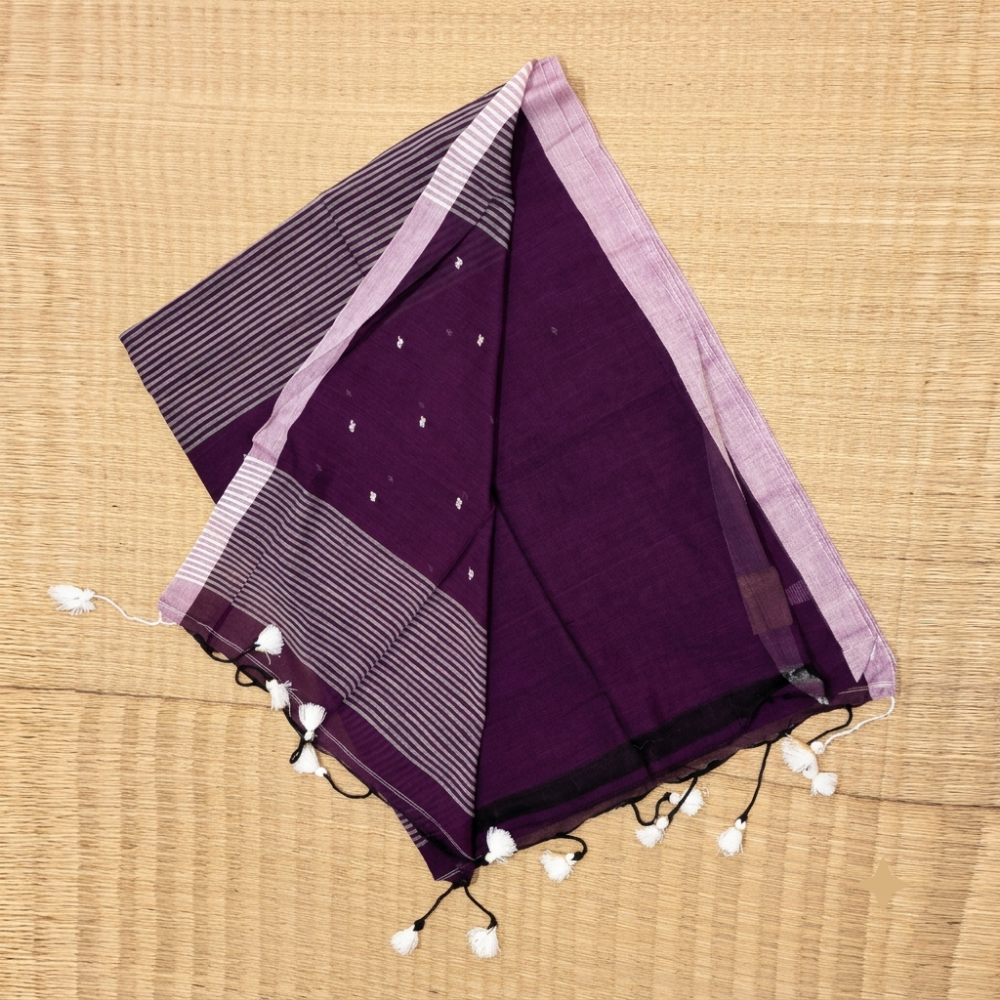 Deep Plum & Silver Accent Handloom Mul Cotton Saree