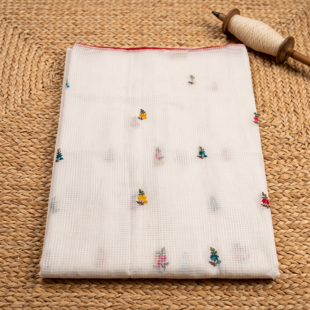 White Kota Cotton Embroidery Saree