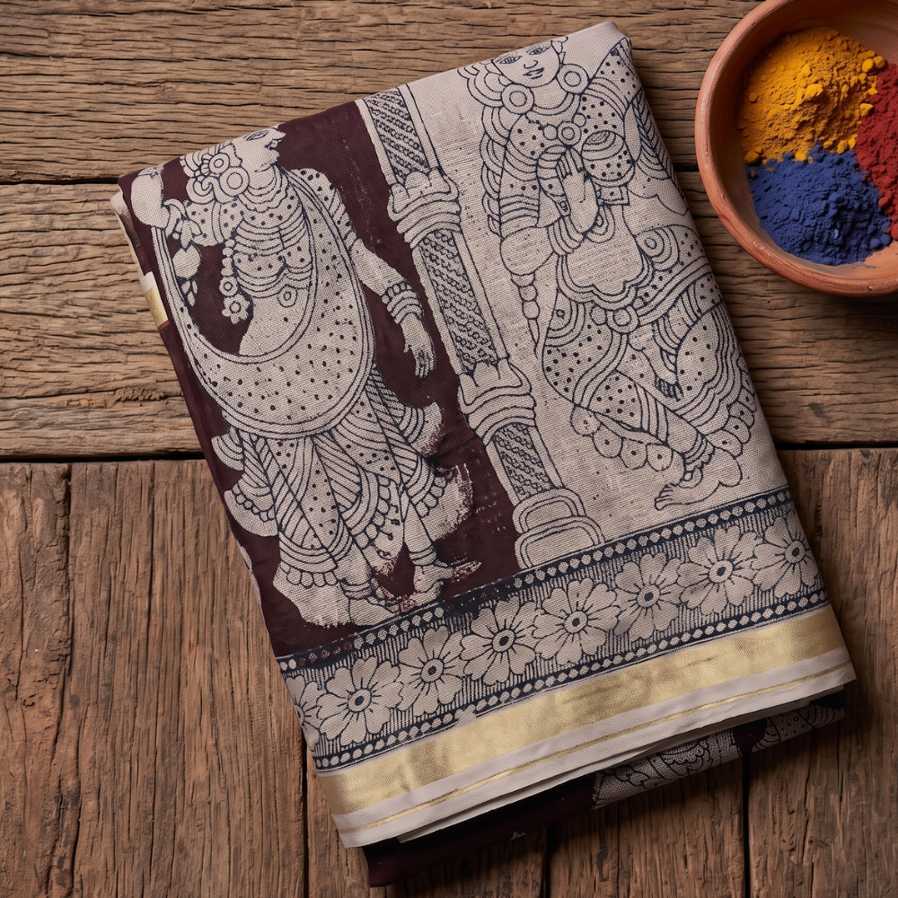 Brown Kota Cotton Kalamkari Print Saree