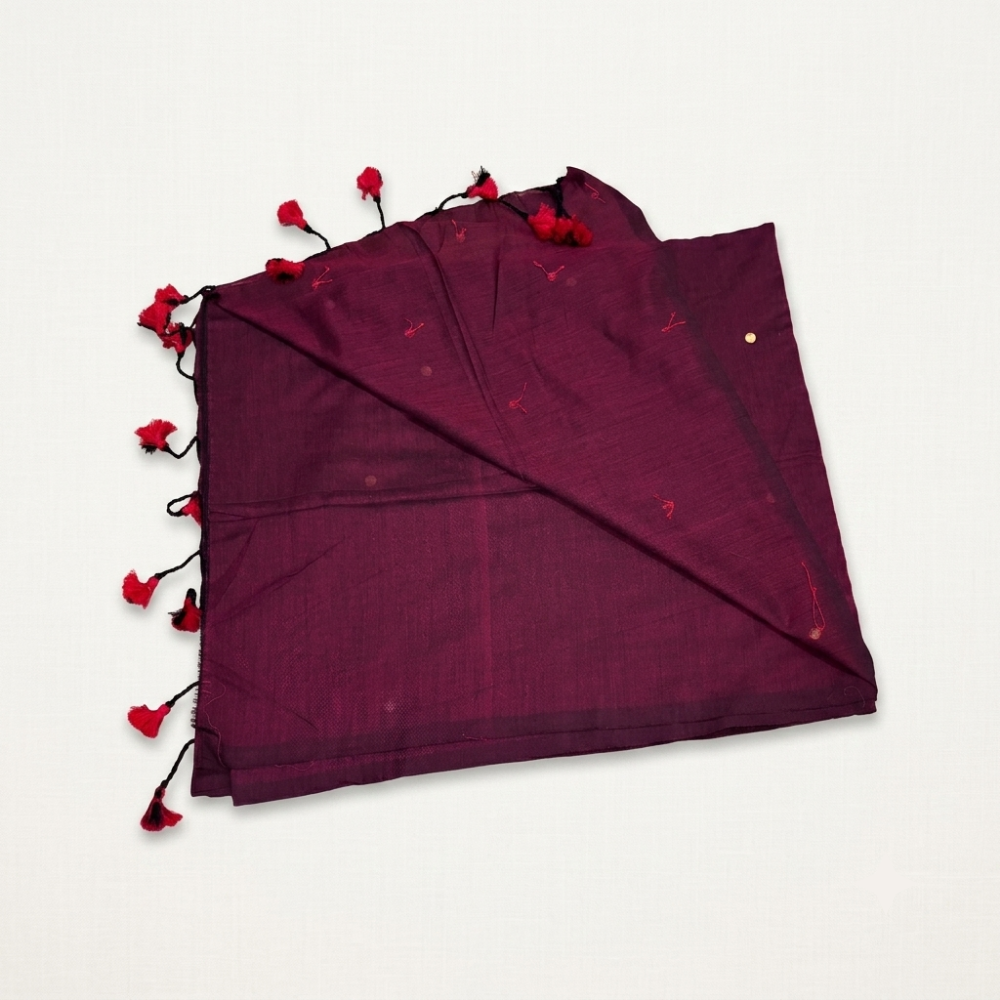 Deep Maroon Handloom Cotton Saree with Gini work and Tassels