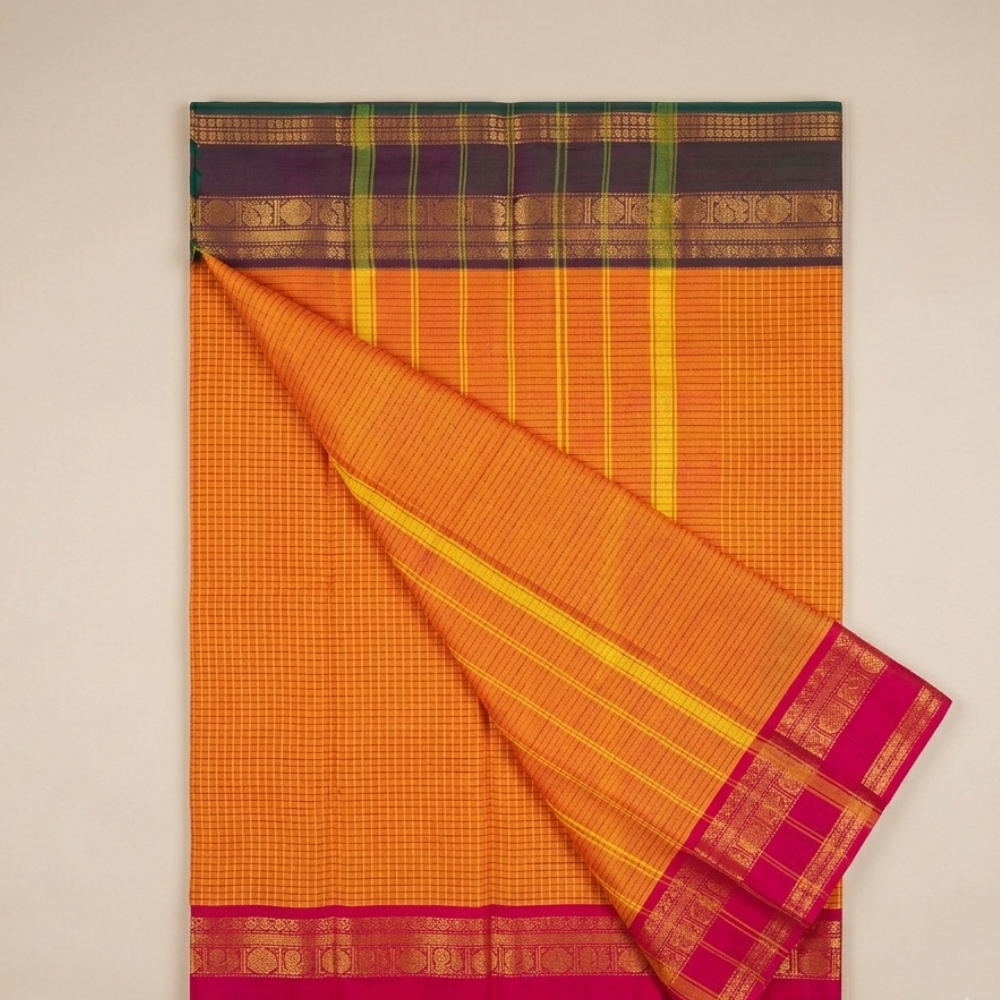 Bright Orange & Magenta Handloom Kanchi Cotton Checked Saree