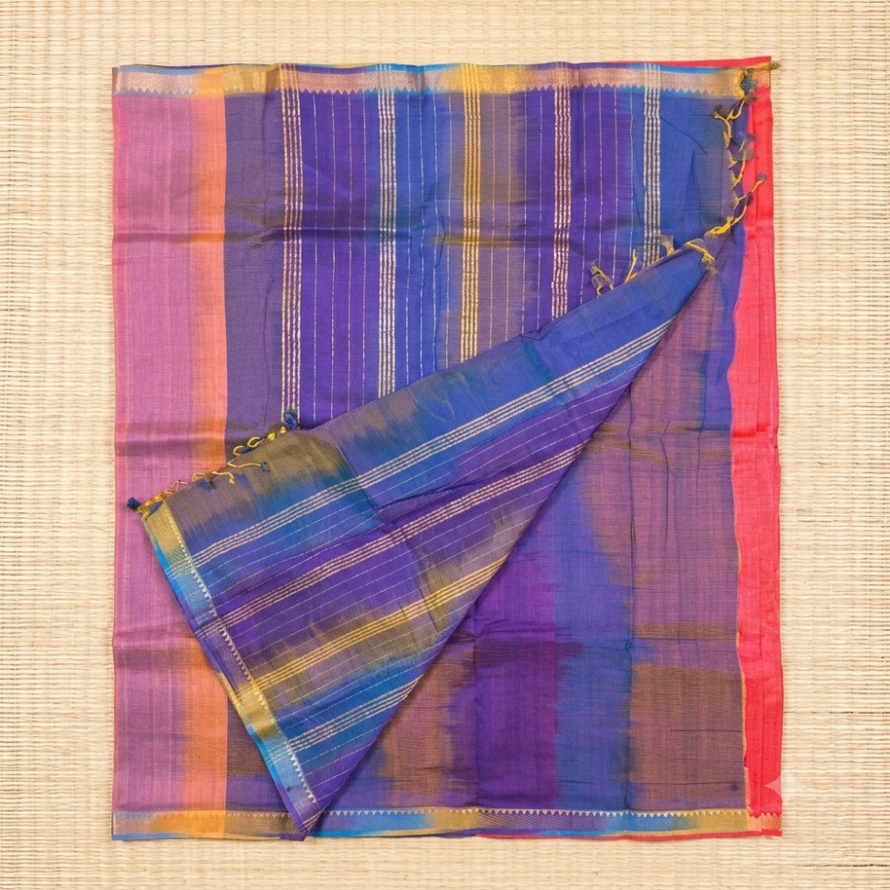 Vibrant Red & Purple-Blue Handloom Mangalagiri Silk Cotton Saree with Golden Zari 50 Border