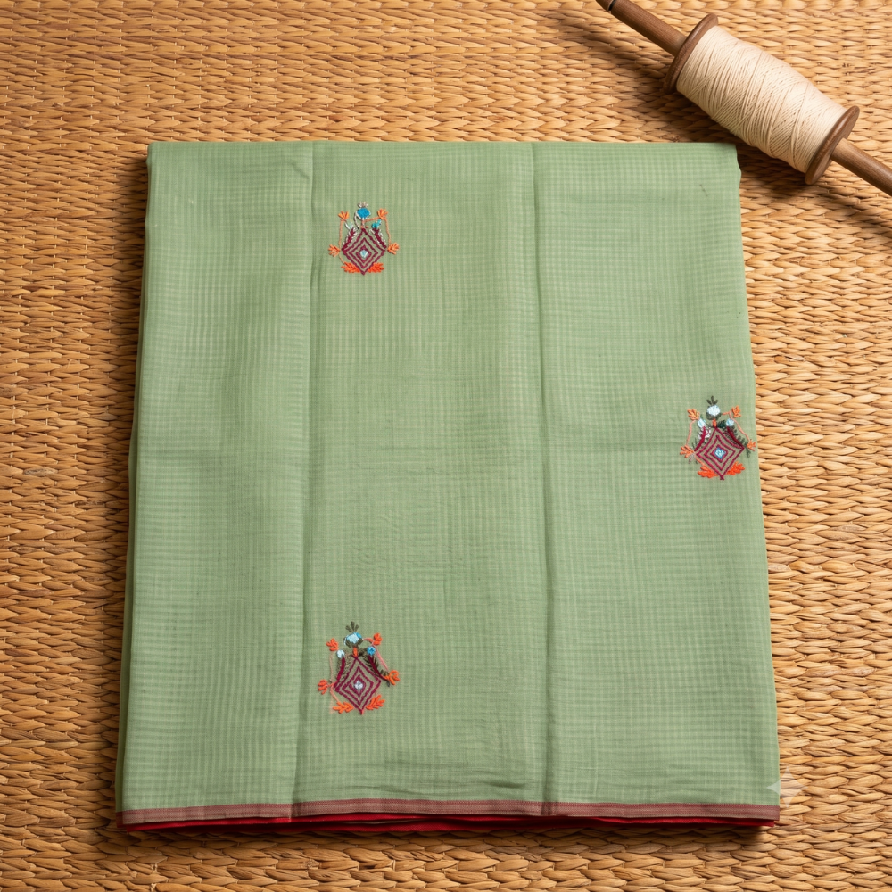 Green Kota Cotton Embroidery Saree
