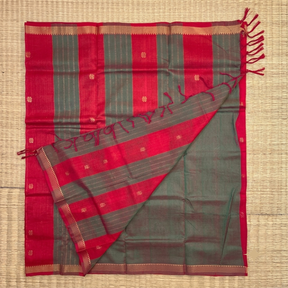Vibrant Red & Olive Grey Handloom Mangalagiri Silk Cotton Saree with Golden Zari Butis