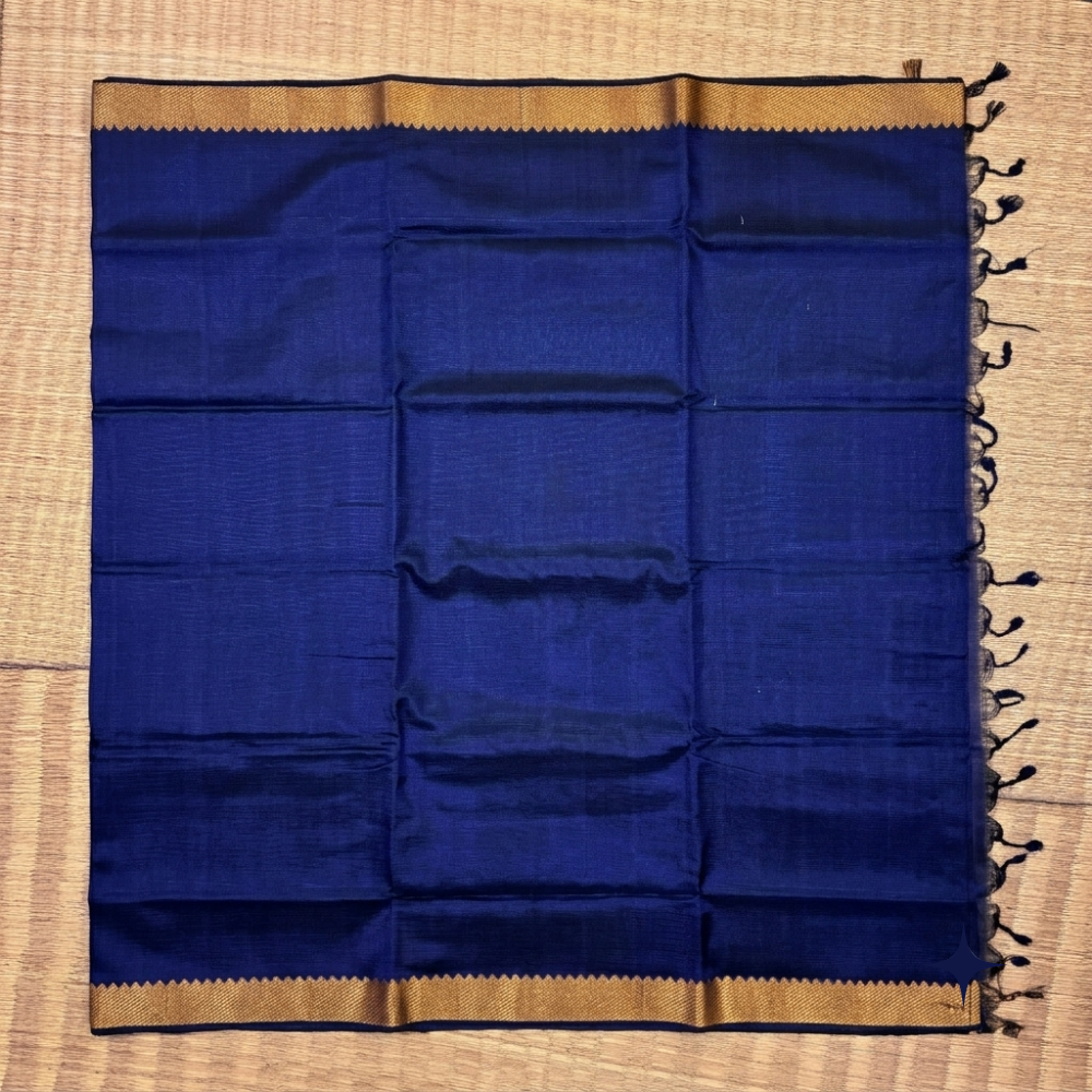 Title:  Royal Navy Blue Handloom Mangalagiri Silk Cotton Saree with Golden Zari 100 Border