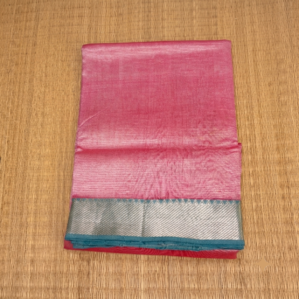 Graceful Soft Pink Handloom Mangalagiri Silk Cotton Saree with Silver Zari 100 Border & Teal Piping