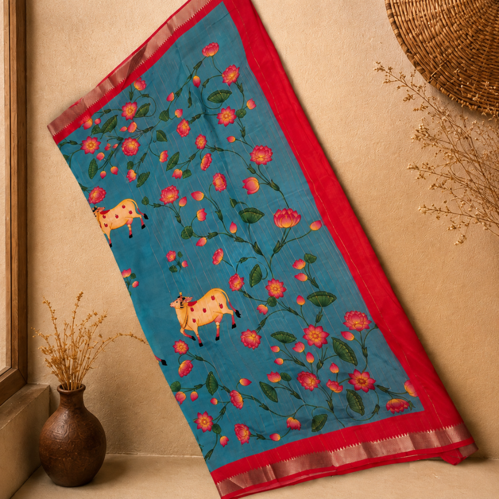 Sky Blue & Coral Red Pichwai Cow & Lotus Digital Print Mangalagiri Silk Cotton Saree