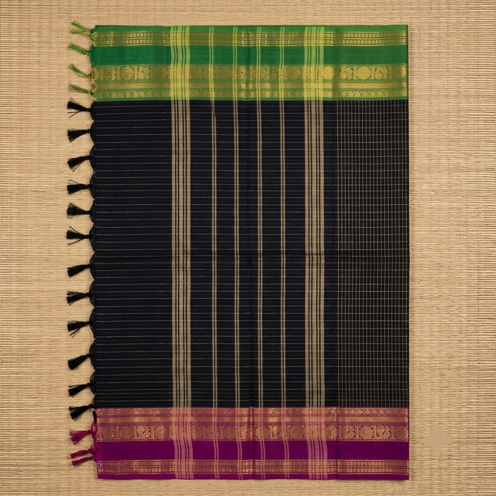 Black Handloom Ganga Jamuna Border Kanchi Cotton Checked Saree