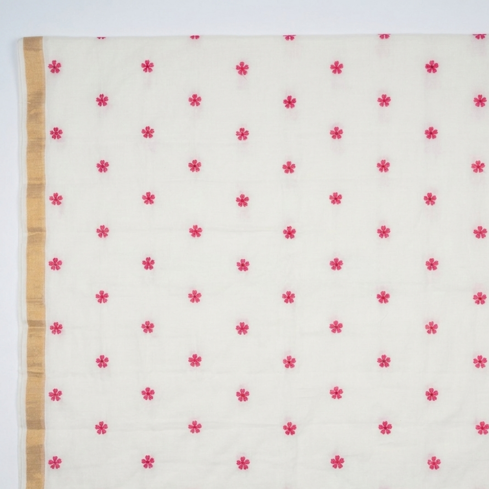 Off-White Handloom Pure Cotton Saree with Pink Floral Motifs and Golden Zari Border