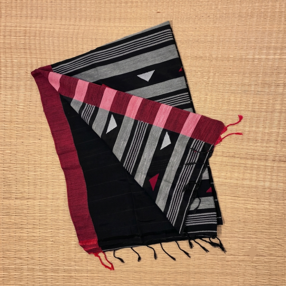 Elegant Black & Maroon Handloom Handwoven Bengal Cotton Saree