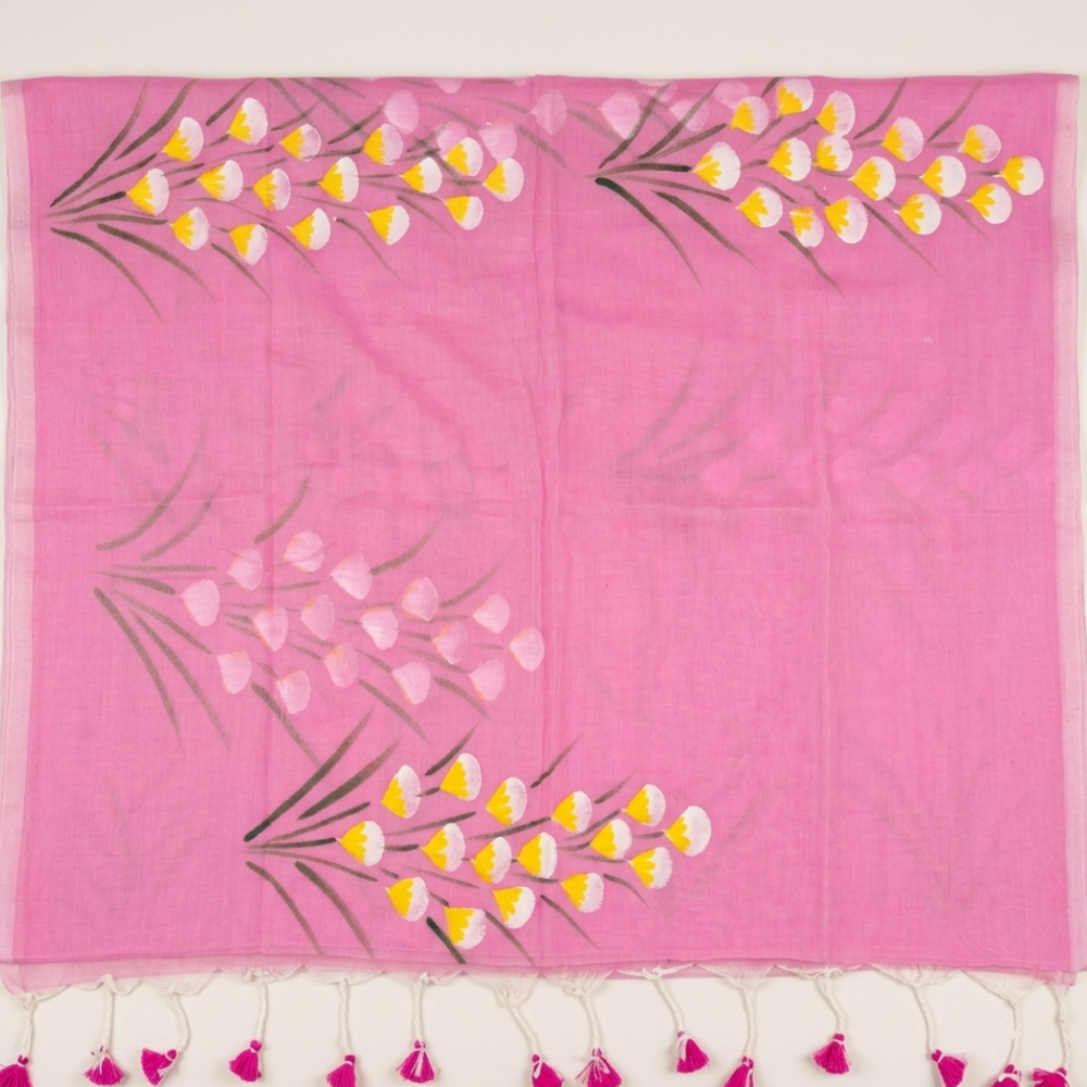 Blush Pink Handloom Hand-Painted Floral Mul Cotton Saree