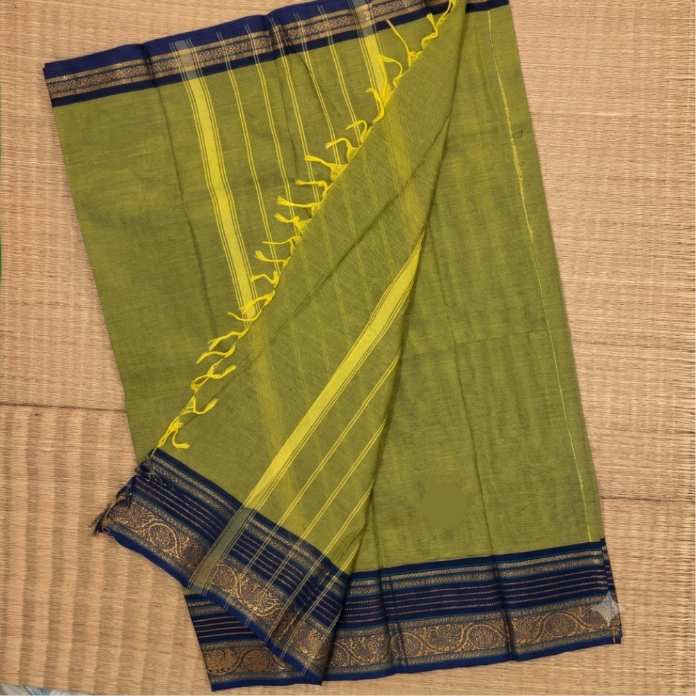 Olive Green & Indigo Zari Border Handloom Kanchi Cotton Saree