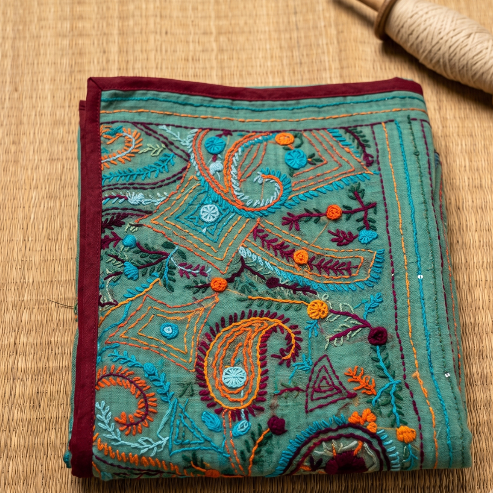 Green Kota Cotton Embroidery Saree
