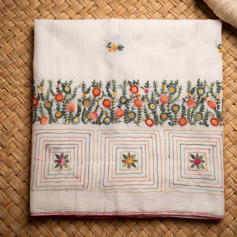 White Kota Cotton Embroidery Saree