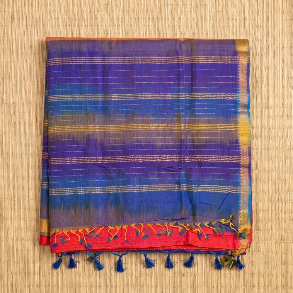 Vibrant Red & Purple-Blue Handloom Mangalagiri Silk Cotton Saree with Golden Zari 50 Border
