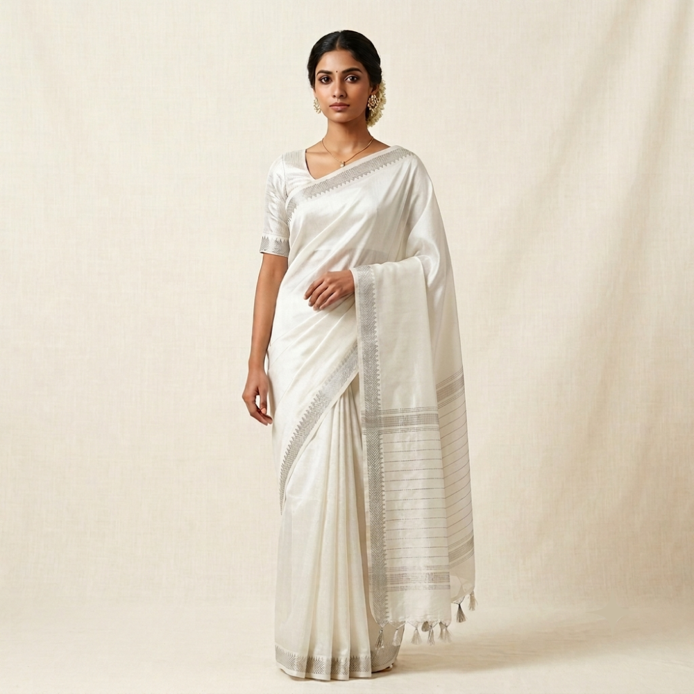 Pristine Off-White Handloom Mangalagiri Silk Cotton Saree with Silver Zari 50 Border