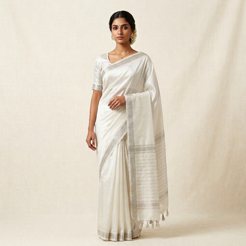 Pristine Off-White Handloom Mangalagiri Silk Cotton Saree with Silver Zari 50 Border